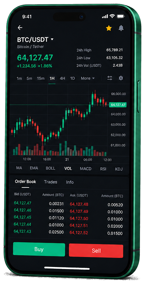 Interface mobile de trading Nobiloption AI — prix BTC/USDT en direct, carnet d’ordres et outils de suivi des opérations